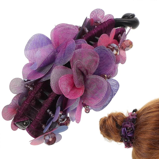 1PC Fabric Flowers Beads Banana Hair Clip Ponytail Holder Hair Accessories for Women Girls (Purple)