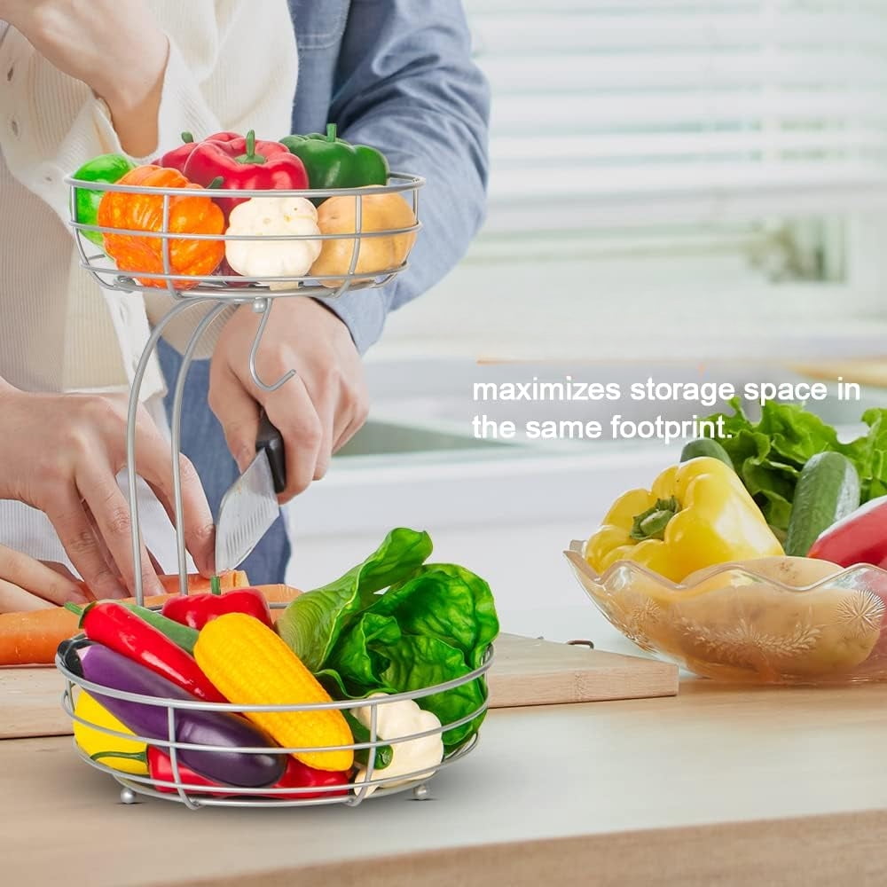 Iron 2-Tier Countertop Fruit Basket. Storage with Banana Hanger. Black, 64 Ounces. Stylish and Practical. Organize Your Fruits and Veggies. Durable Iron Construction.