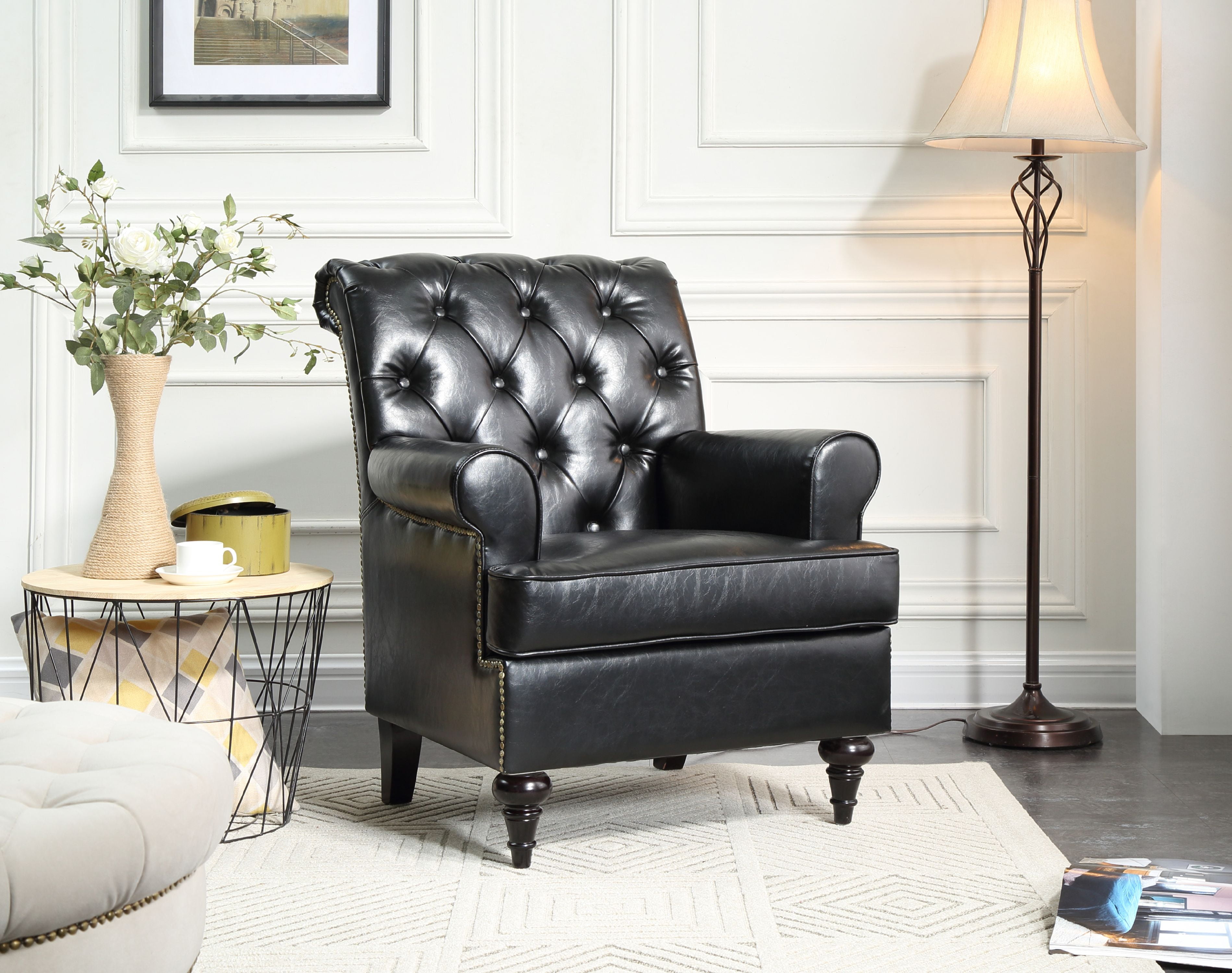 Tufted Black Faux Leather Living Room Chairs