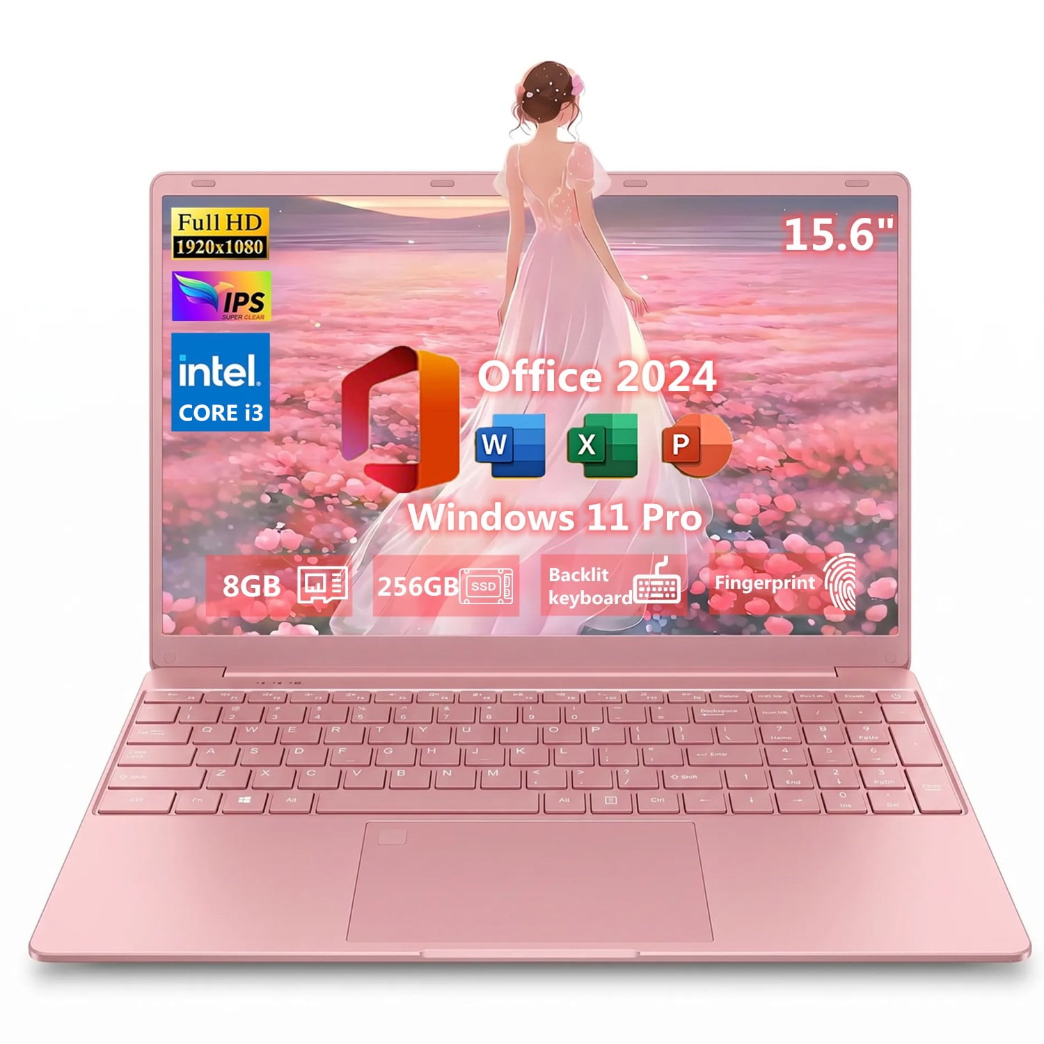 2026 NEW 15.6" IPS FHD Pink Laptop, Office 2024, Windows 11 Pro, 8GB RAM 256GB SSD, Intel Core i3, Backlit Keyboard, Fingerprint Reader, USB3.0 Webcam WiFi5, Student & Business Notebook computer