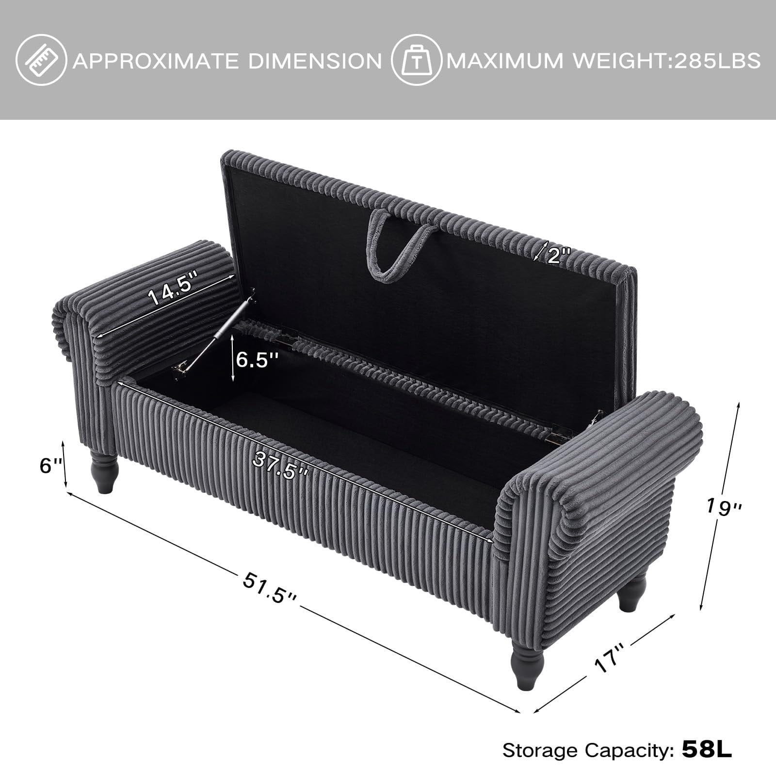 51.5" Storage Ottoman Bench, Upholstered Corduroy End of Bed Bench with Hidden Storage for Bedroom, Entryway & Living Room, Dark Gray