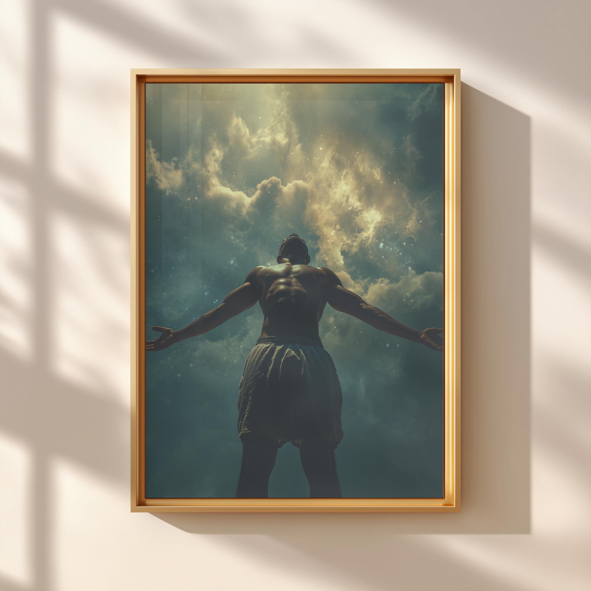 Spiritual Sky Man With Outstretched Arms Under Galaxy Clouds Minimalist Artistic Poster , Poster Print Only