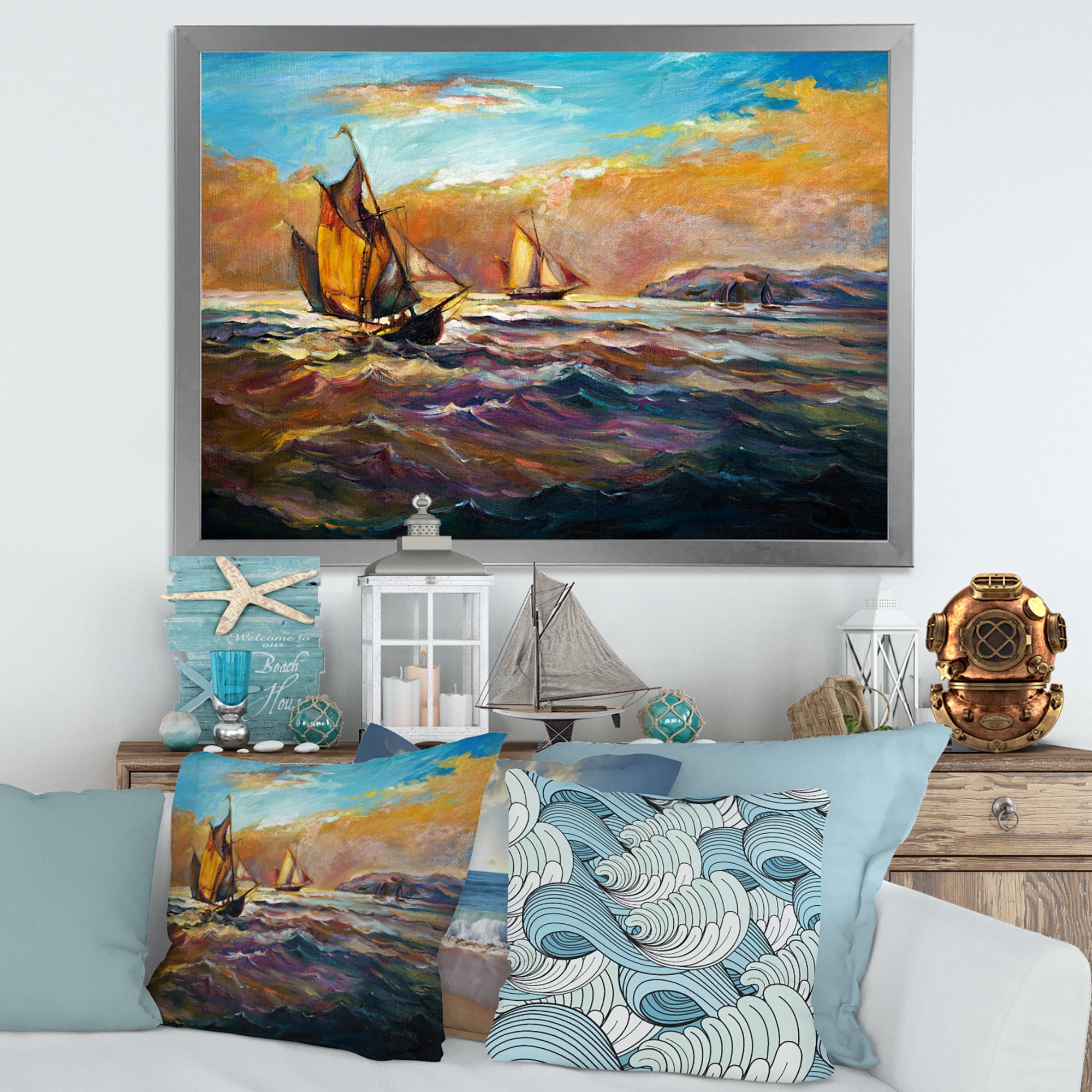 Designart 'Boats During Evening Sunset In The Ocean II' Nautical & Coastal Framed Art Print