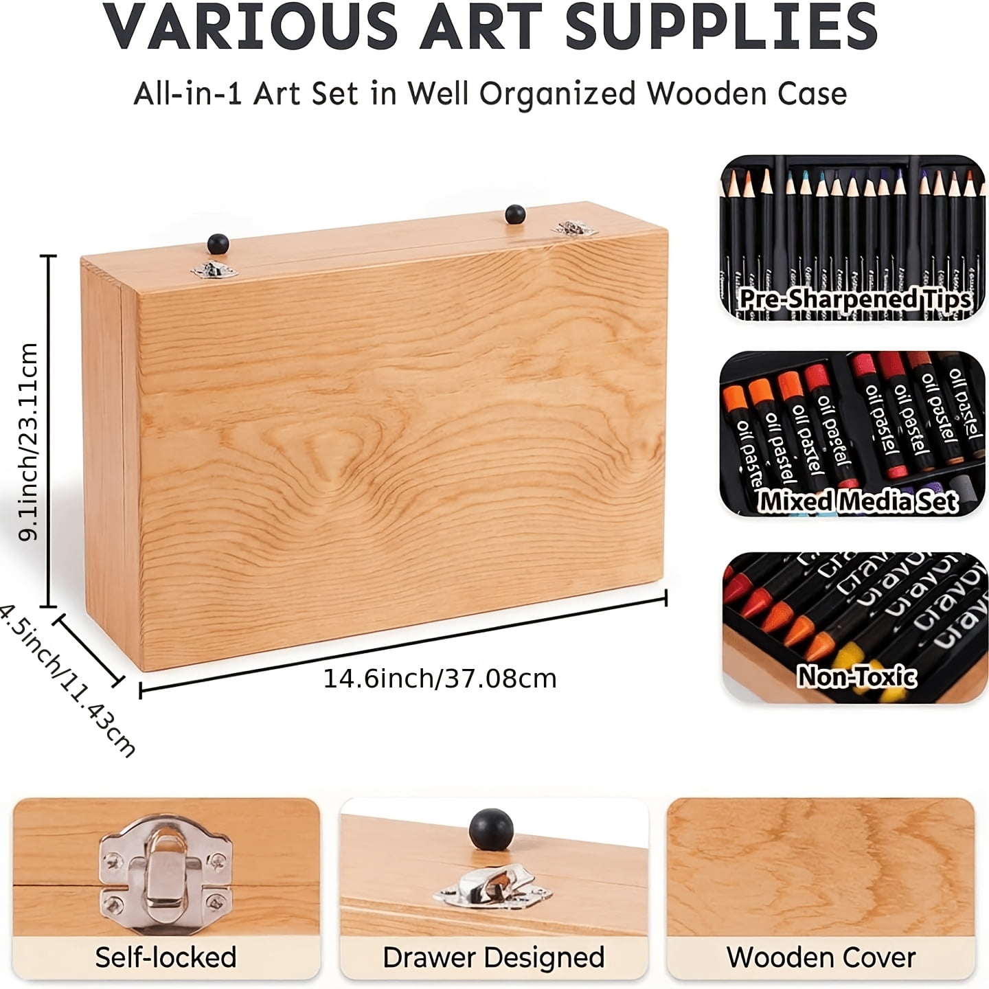 Art Set with Wooden Case, 173-Piece Drawing and Painting Kit for Kids, School, Travel