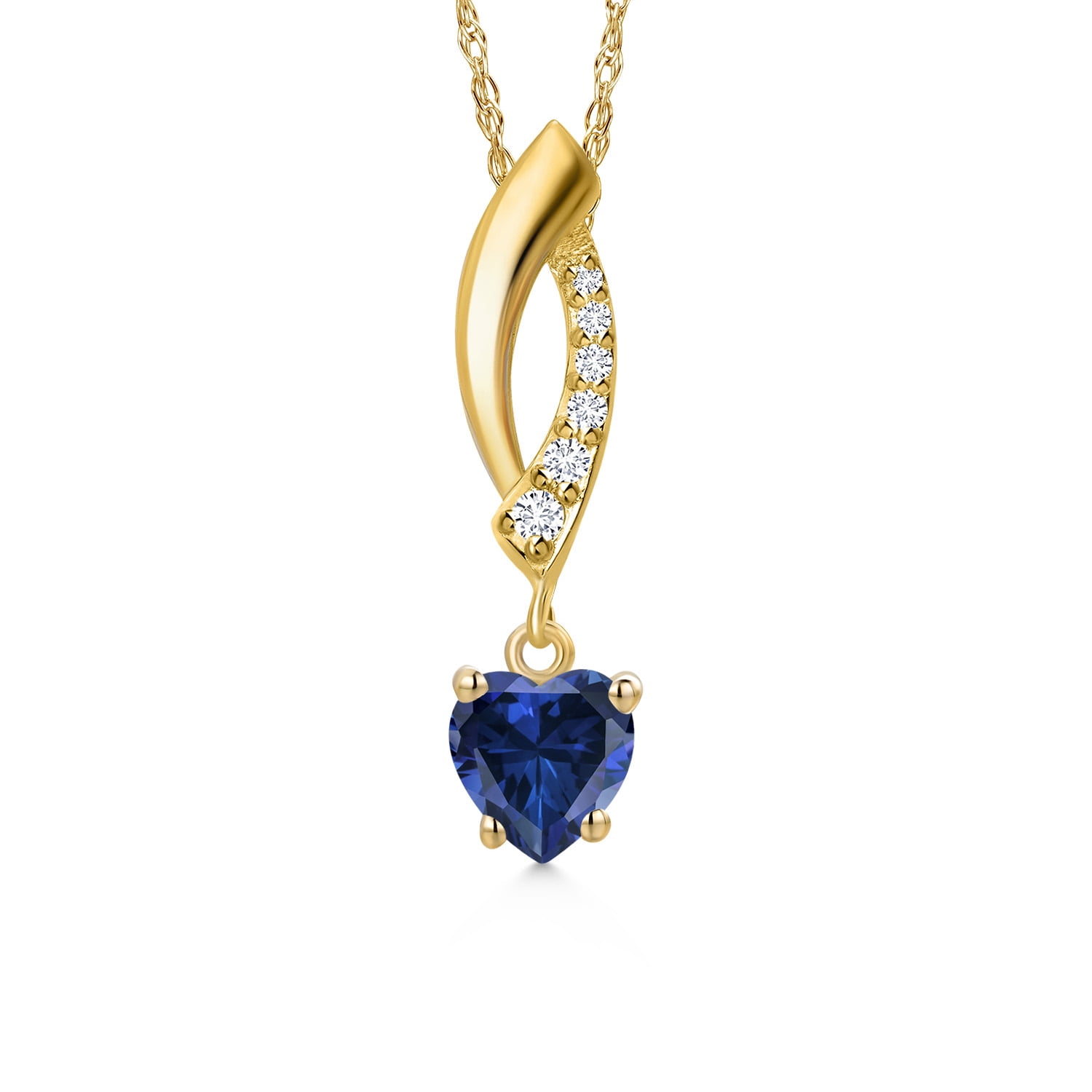 Gem Stone King 10K Yellow Gold Blue Created Sapphire and Lab Grown Diamond Pendant Necklace for Women | 0.53 Cttw | Gemstone September Birthstone | Heart Shape 5MM | With 18 inch Chain