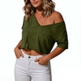 thumbnail image 2 of hotojiny Womens off the Shoulder Tops Oversized T-Shirts V Neck Short Sleeve Cropped Tees Summer Casual Spring Clothes, 2 of 6