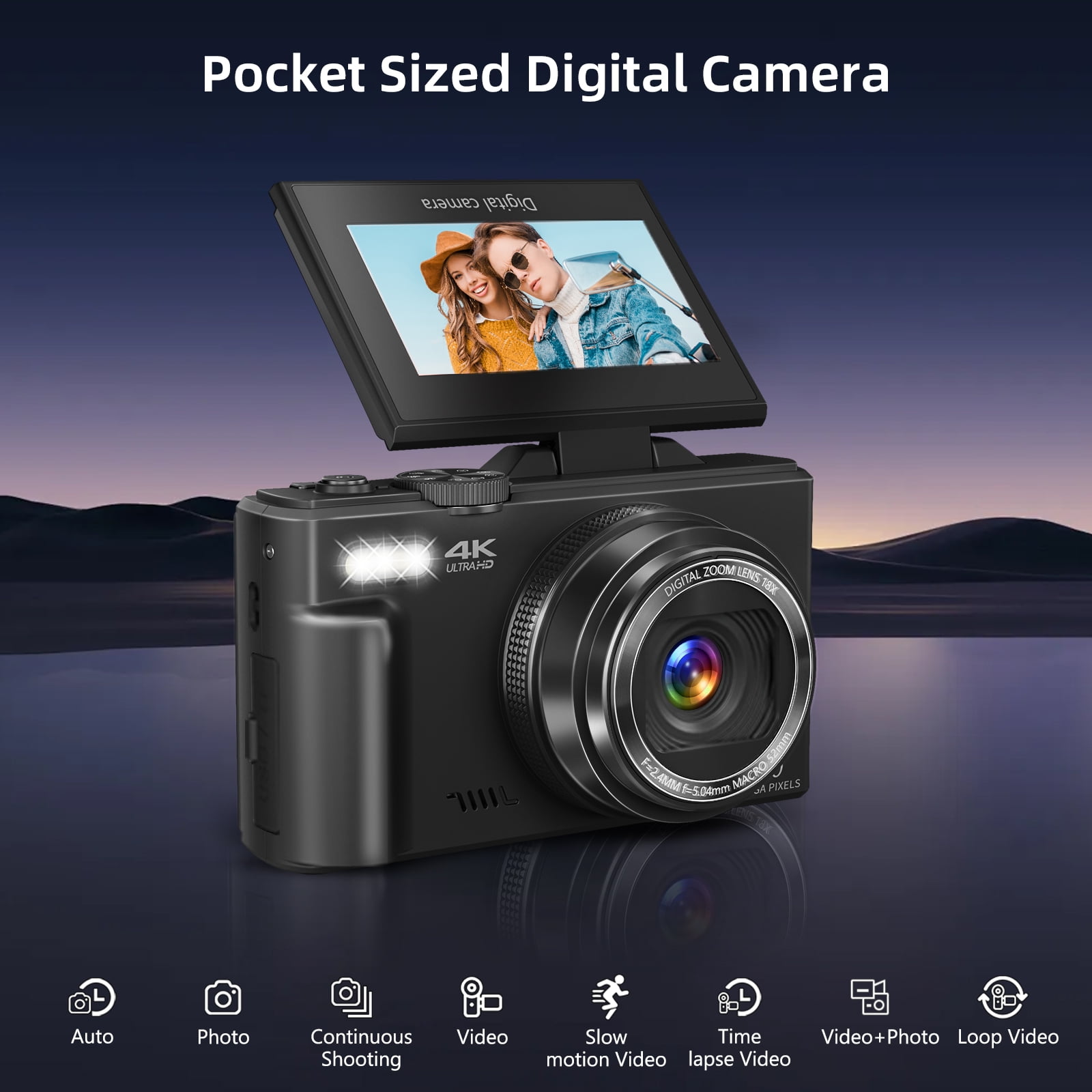 XLURC 4K Digital Camera for Photography with Wifi 64MP Vlogging Camera for YouTube with 3" 180° Flip Screen, 18X Digital Zoom with 32GB Micro SD Card & 2 Batteries