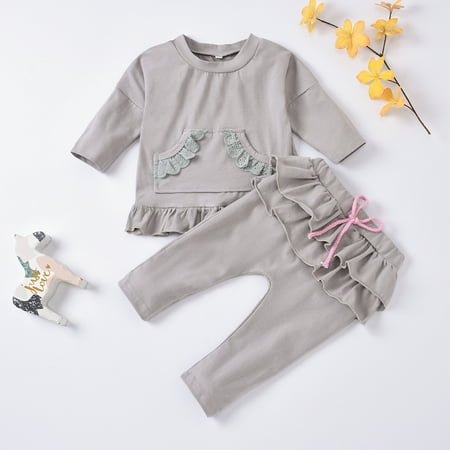 

Augper Baby Girl Clothes Long Sleeve Fall Winter Clearance Toddler Kids Baby Girls Lace Pocket Solid Bowknot Tops Ruffles Pants Outfits Set Gray