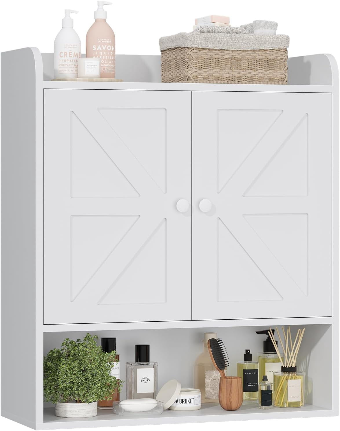 POAO Bathroom Wall Storage Cabinet, Wooden Medicine Cabinet with Adjustable Shelves and Double Barn Doors, Over The Toilet Storage Cabinet,White