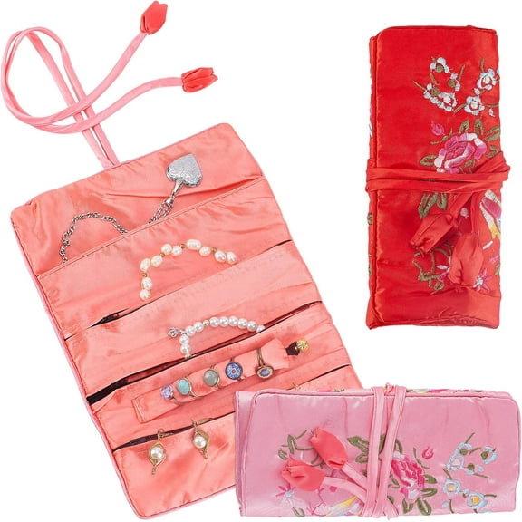 2pcs Flower Brocade Bag Embroidery Jewelry Bag Foldable Travel Bag Floral Silk Bag Storage Case with Tie Jewelry Organizer Roll for Rings Necklaces Earrings Bracelets Jewelry Traveling