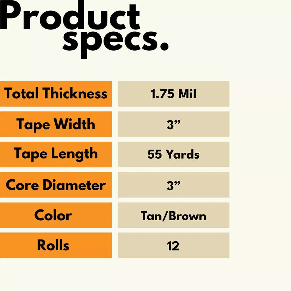 Shield Tape 12 Rolls - 1.75 Mil - Acrylic Carton Sealing Packing Tape with Smooth Unwind, Versatile Use, Secure Seal, 2.83" x 55 Yards (165 ft), Tan/Brown