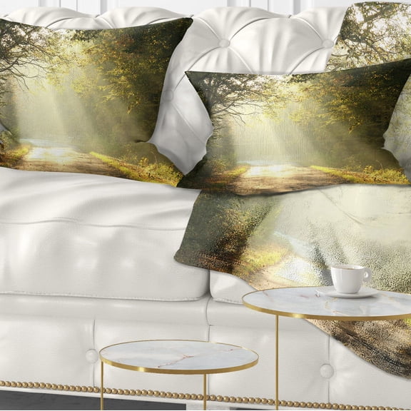 Designart Bright Sunbeams to Fall Forest - Landscape Photography Throw Pillow - 12x20