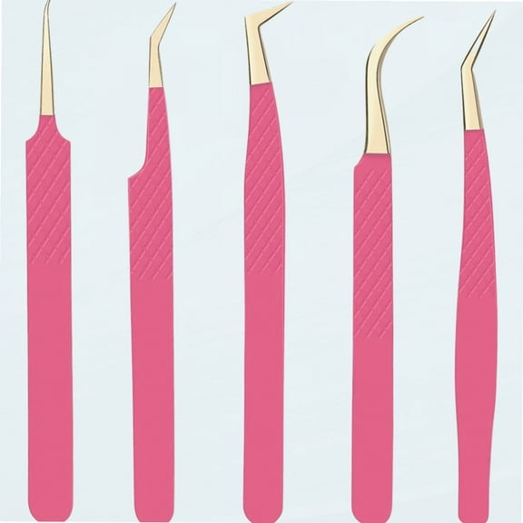 High Precision Diamond Grip Eyelash Extension Tweezers Set Of 5 for Make Fans, Volume Eyelash Extension Precision Lash Tweezers Curved Tip for Professional Lashes Extension (Pink)
