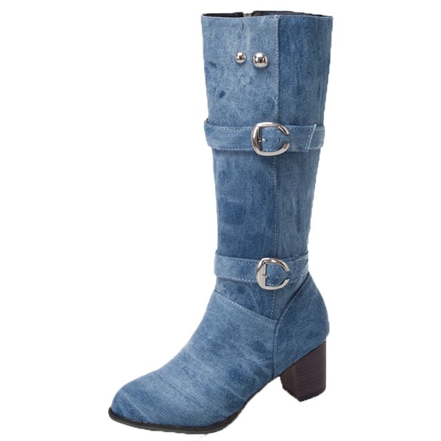 Bottes Mode en Denim pour Femmes à Talon Carré Chaudes, Décontractées, à Tige Longue