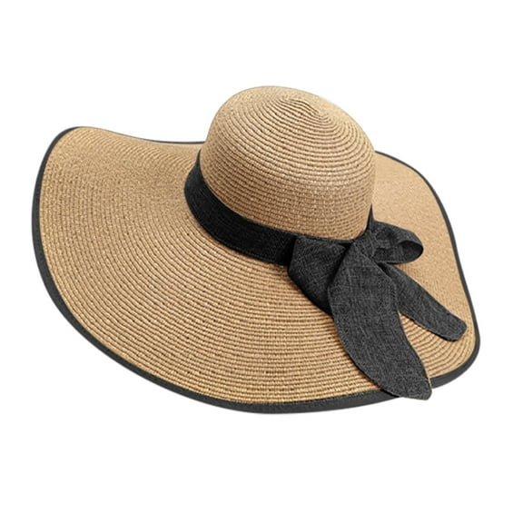 PMVFHDE Women Summer Wide Brim Sun Hat with Flowing Ribbon Foldable Beach Sun Blocking for Travel Khaki
