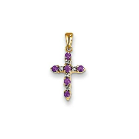 14k Yellow Gold Amethyst & Diamond Cross Pendant Gem Wt- 0.2ct