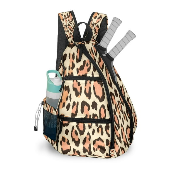 Pickleball Shoulder Bag for Men and Women - Fence Hook - Crossbody Backpack with Water Bottle Holder Peach Leopard Print