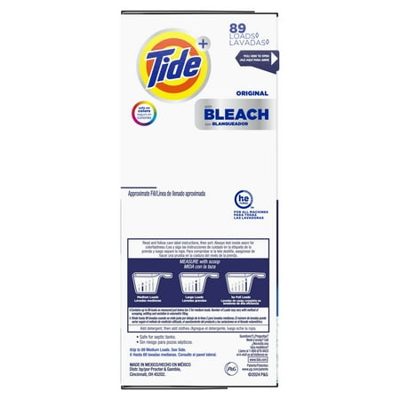 Tide Plus Bleach Powder Laundry Detergent, Original Scent, 129 oz, 89 Loads