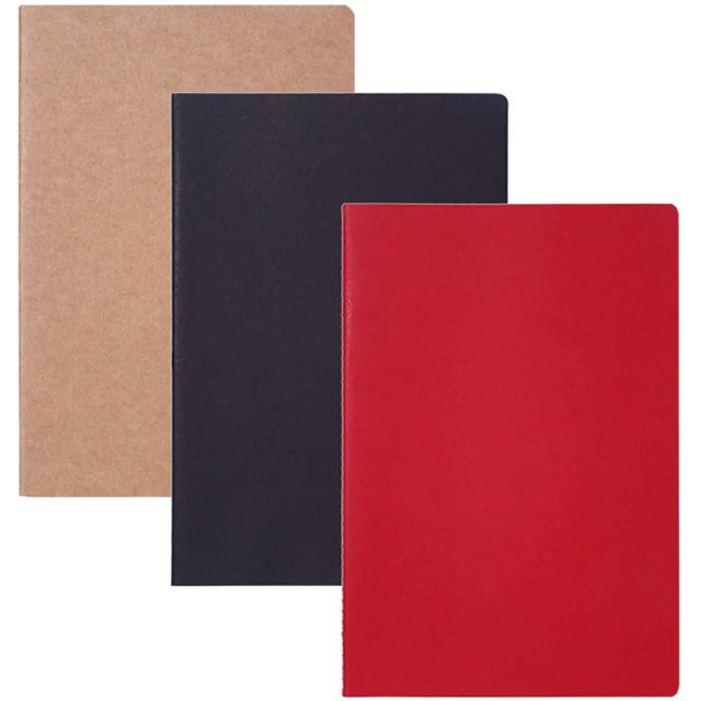 (Juego de 3) A5/Diario de viaje - 5.5 x 8.25 pulgadas Kraft Marrón 60 páginas Papel en blanco Diario encuadernado Diario Bloc de notas 60 páginas / 30 hojas (3 piezas / Negro Marrón Rojo-B