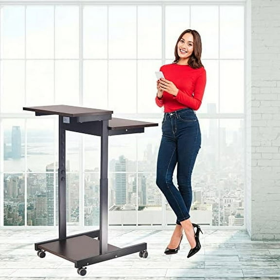 POCHAR Mobile Height Adjustable Computer Station Mobile Computer Desk - Two Tier Computer Workstation Rolling Presentation Cart - Black Frame with Espresso Top (21.6'' Wide)