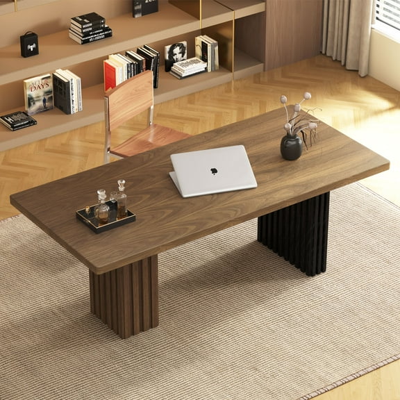 NessCarsti Mid-Century Modern Solid Wood Office Desk, Natural Walnut, 70.8-Inch