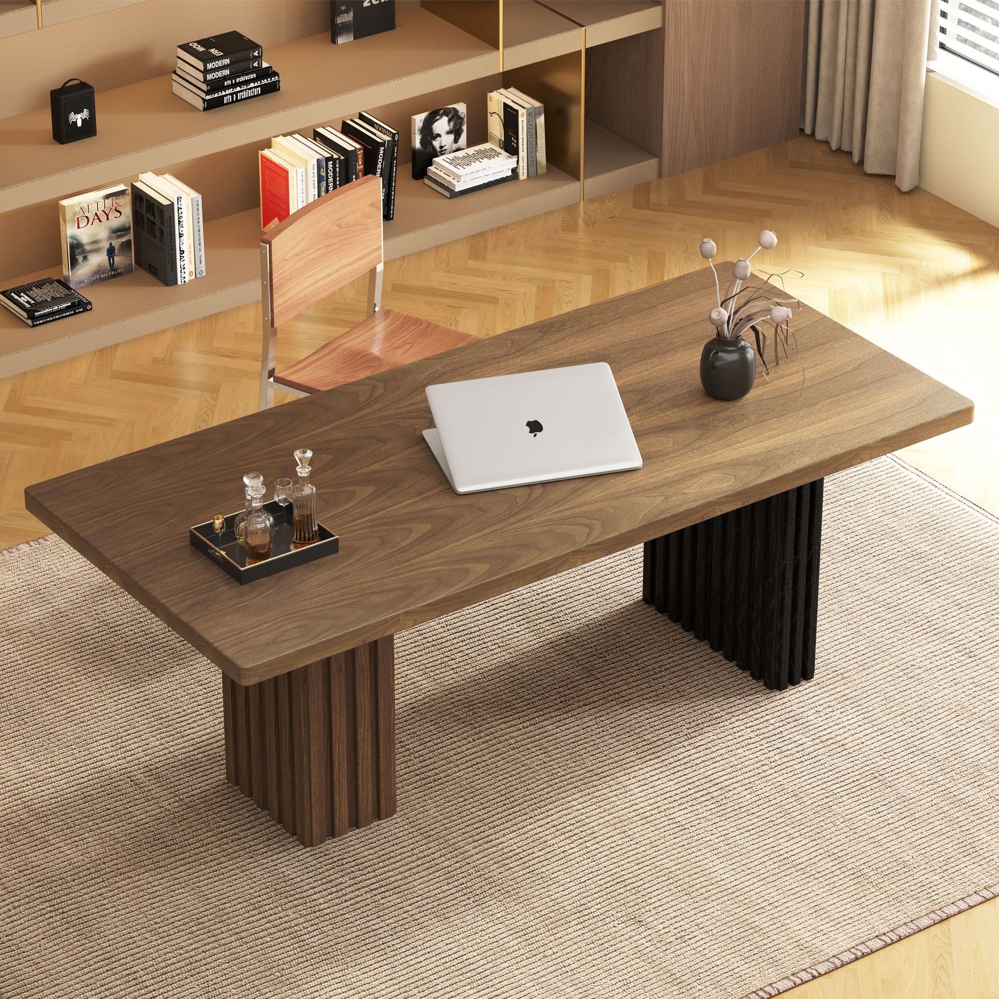 NessCarsti Mid-Century Modern Solid Wood Office Desk, Natural Walnut, 70.8-Inch
