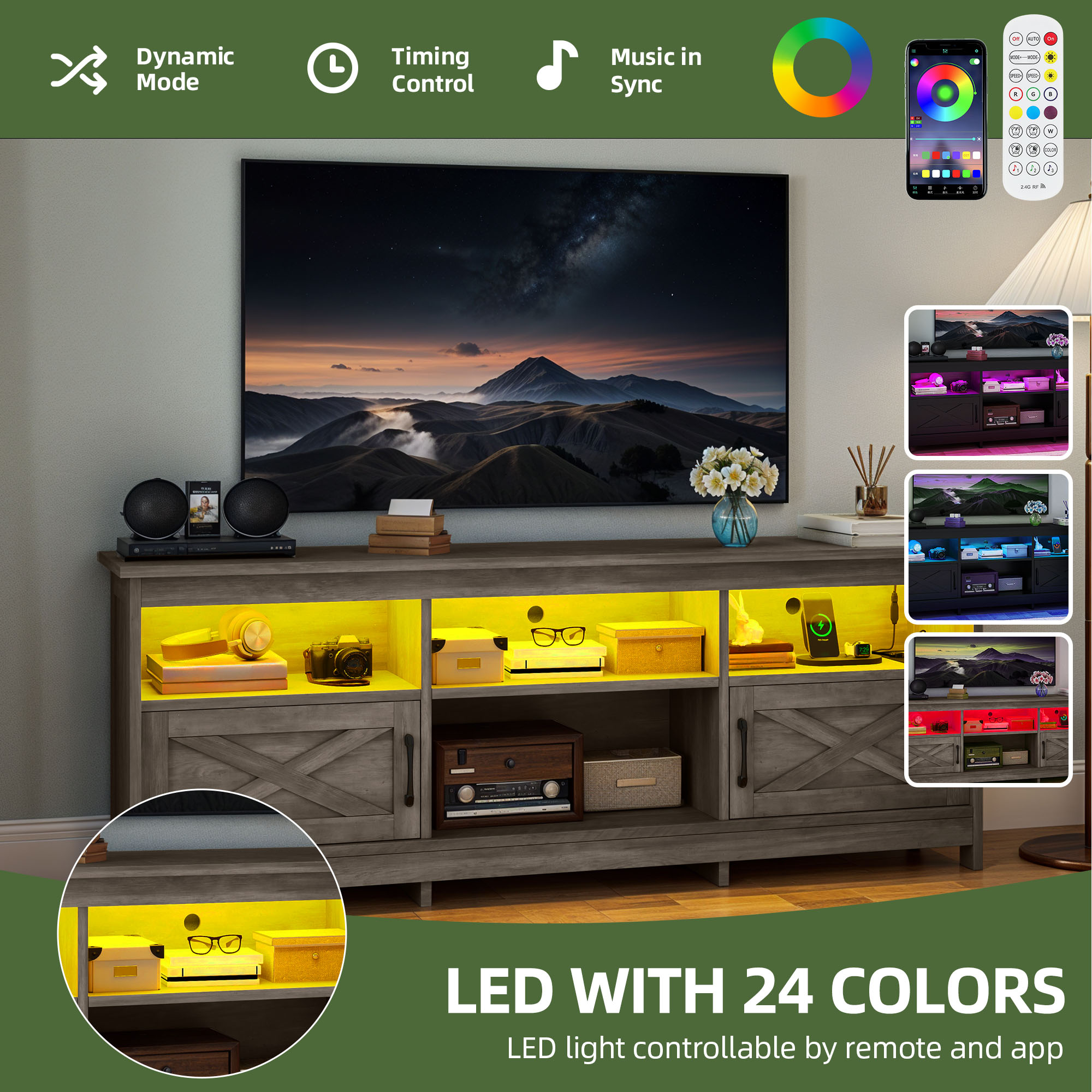 Uforic TV Cabinet with Storage, LED Lights, and Power Outlet for Living Room, Bedroom, or Apartment for 65 Inch TVs, Washed Gray