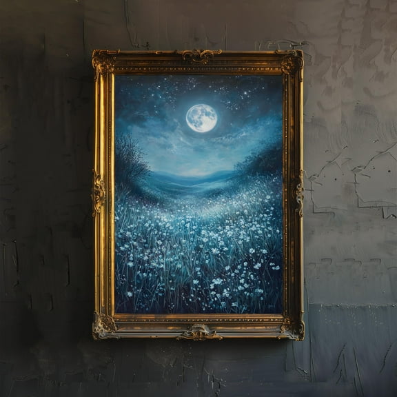 Moonlit Meadow Art Print Mystical Night Sky Wall Art Vintage Nature Poster for Living Room Bedroom or Gallery Wall Ethereal Landscape Décor Poster Unframed