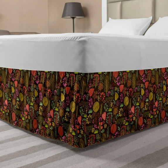 Autumn Bed Skirt, Continuous Pattern of Colorful Botanical Beauty Trees and Leaves, Elastic Bedskirt Dust Ruffle Wrap Around for Bedding Decor, 4 Sizes, Dark Brown Multicolor, by Ambesonne