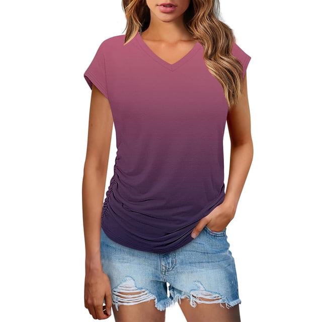 XMMSWDLA T-Shirt Léger à Manches Courtes Col Carré pour Femmes Coupe Ample Violet Hauts d'Été pour Femmes