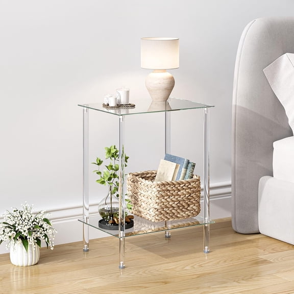 Tempered Glass Side Tables Set of 2 with Storage Shelves Acrylic End Table for Living Room Bedroom Office