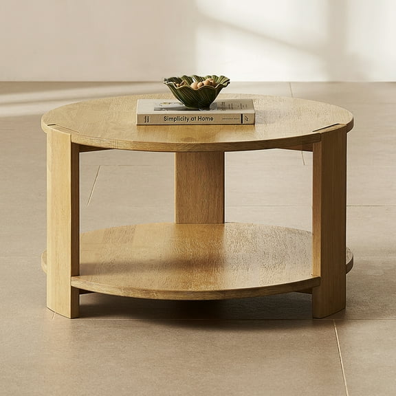 Mopio Logan Solid Wood 2-Tier Round Coffee Table, Modern Farmhouse Solid Rubberwood with light wire brush rectangle shaped leg
