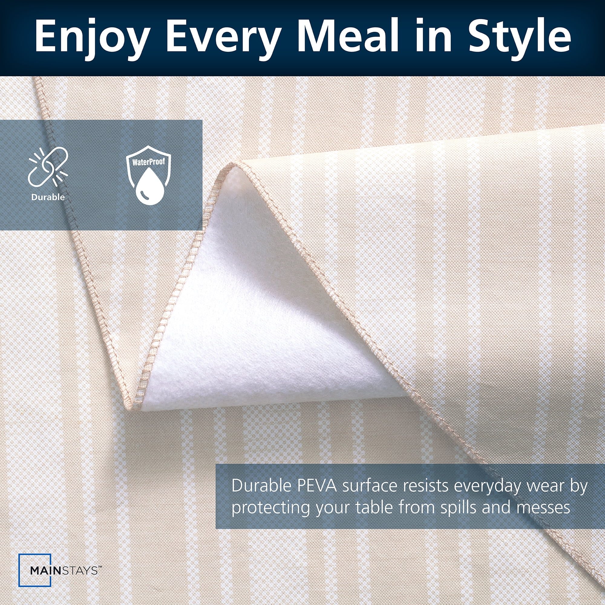 (2 pack) Mainstays Striped Beige PEVA Tablecloth 70" Round