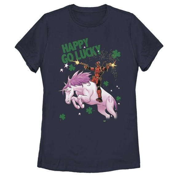 Women's Marvel St. Patrick's Day Deadpool Happy Go Lucky Graphic Tee Navy Blue Medium