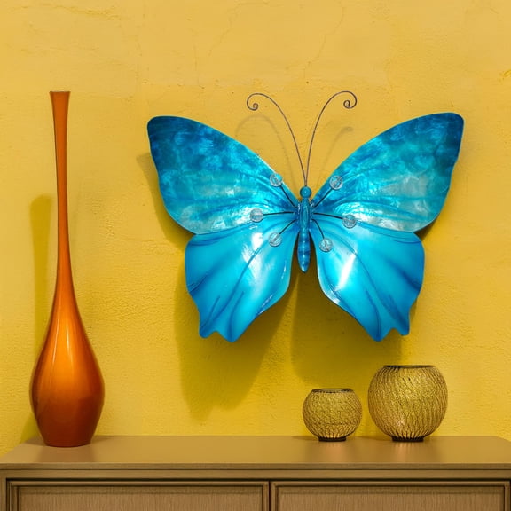 Eangee Home Design Butterfly Wall Decor Sea Blue With Beads, Capiz and Metal, Indoor / Outdoor Safe, 18x1x13 Inches