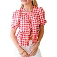 thumbnail image 2 of Yunliwuli Women Short Sleeve Shirts Plaid Front Three Bowknot Tie-Up Fashion Blouses Summer Casual Tops, 2 of 10