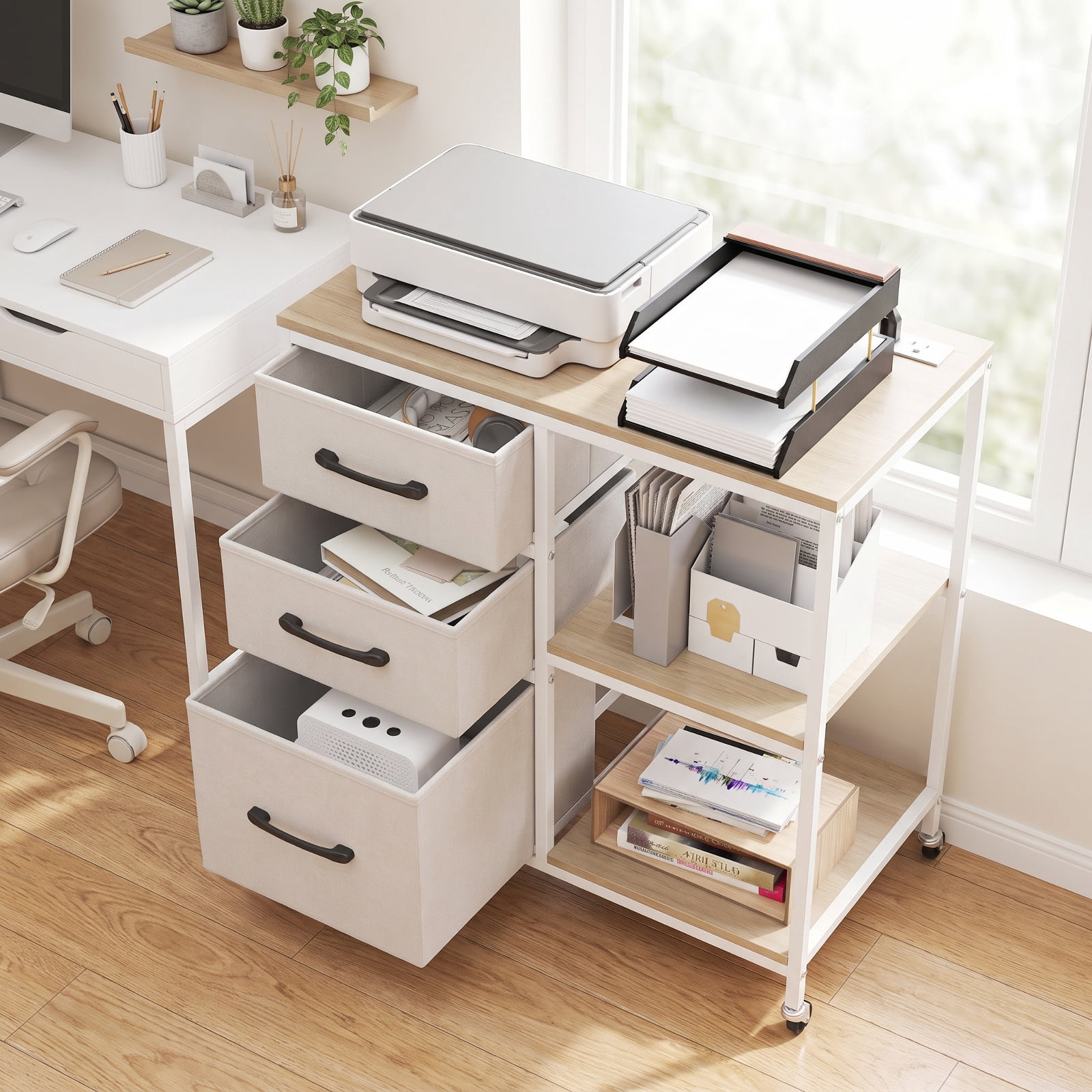 Furnibear 3 Drawer Mobile File Cabinet with Charging Station Rolling Printer Stand with Open Storage Shelves for Home Office Filing Document, Natural