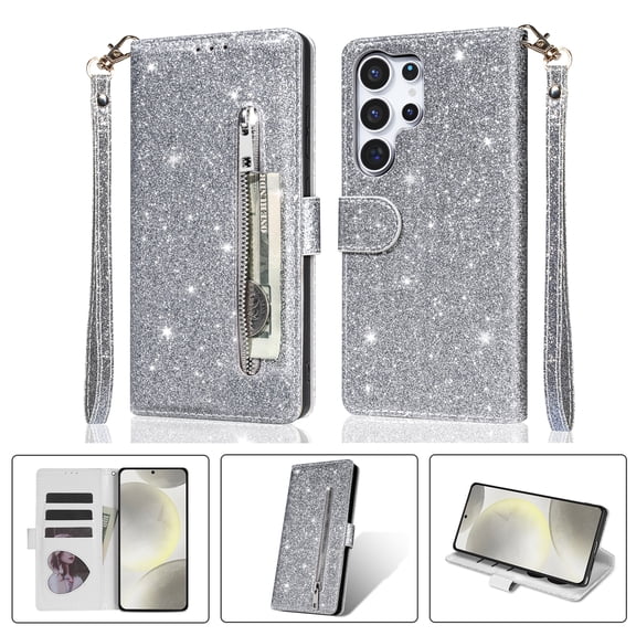 Decase for Samsung Galaxy S26 Ultra Glitter Wallet Phone Case,Fashion PU Leather Zipper Pocket Phone Cover,Shockproof Shiny Cover with Lanyard,Silver
