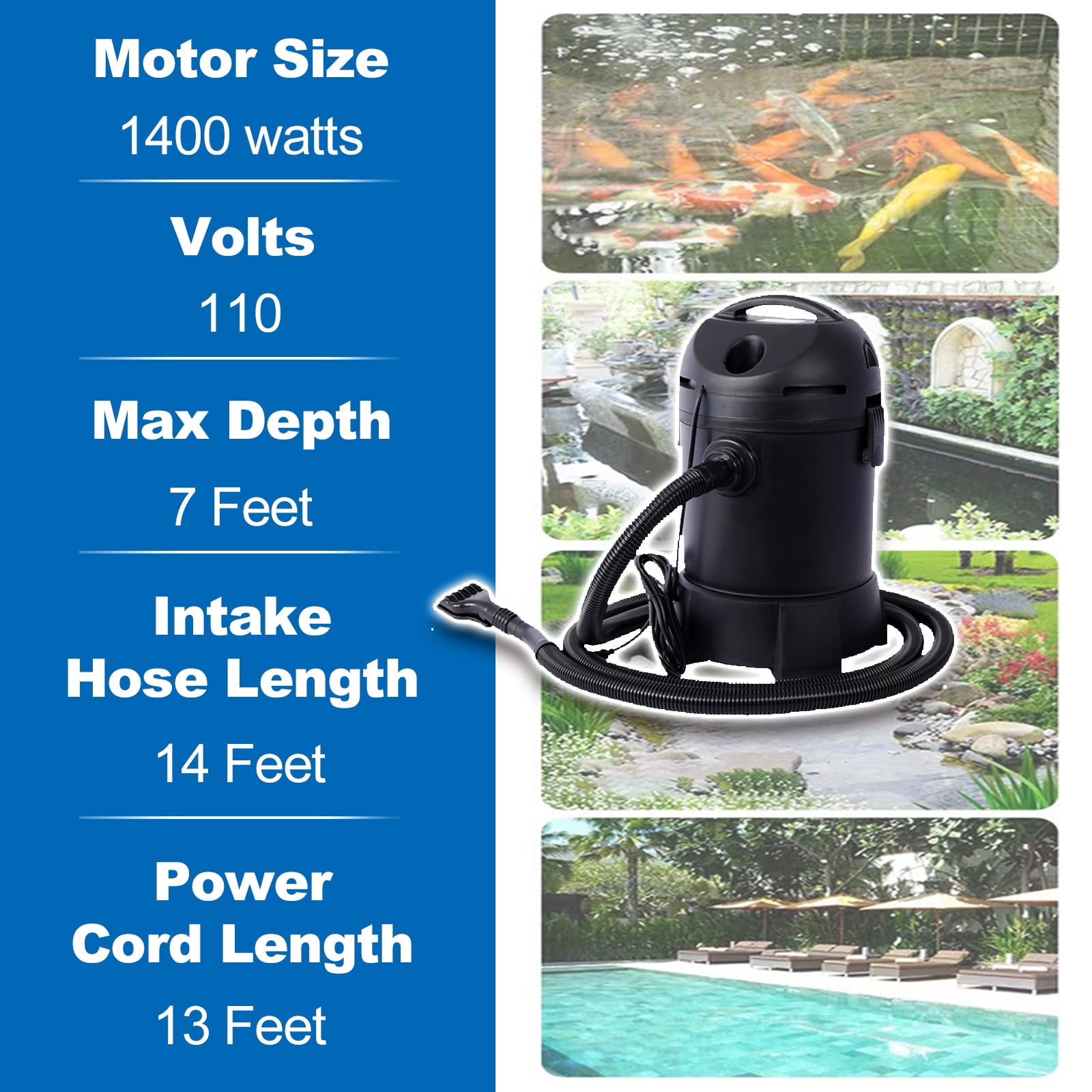 Pond Vacuum Cleaner with 14ft Hose, 1400W Powerful Muck Remover, 3 Nozzles & Debris Bag for Garden Ponds up to 3ft Deep, Continuous Drain System