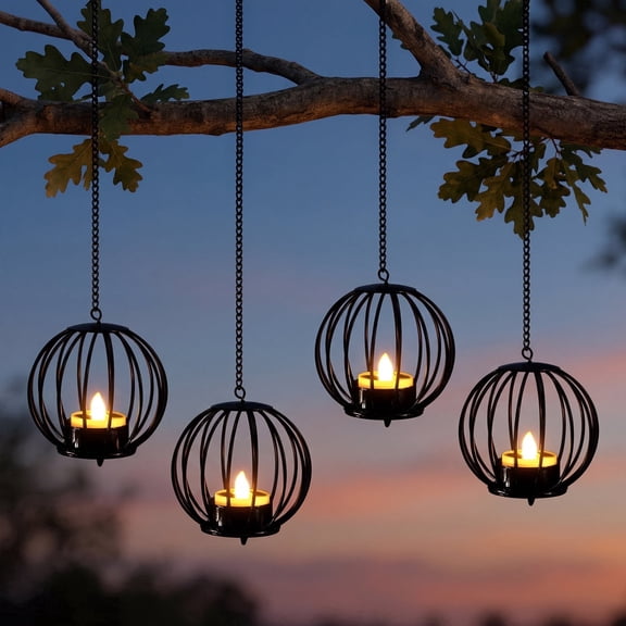 Solar Hanging Lanterns Outdoor Waterproof, Metal Ball Candle Holder with Flickering Solar Powered, Chargeable Solar Lights for Backyard Patio Garden Fence Tree Decoration, 4Pack