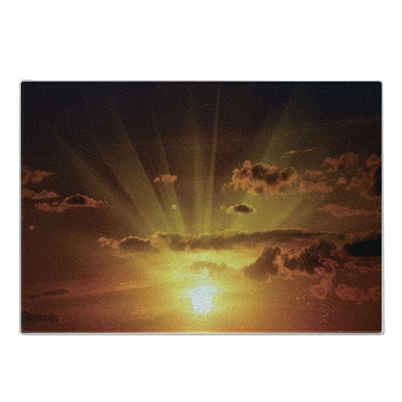 Clouds Cutting Board, Dramatic Burning Sunset in the Sky Daily Disappearance Twilight Rotation Mystic Picture, Decorative Tempered Glass Cutting and Serving Board, Small Size, Orange, by Ambesonne