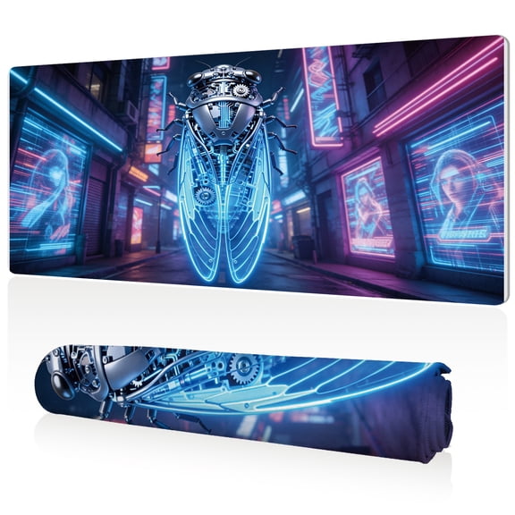 LIVEKEY XXL Mouse Pad Cyber Neon Cicada Design 80x40cm Extra Large Desk Mat Full Coverage Non Slip Base Durable Easy to Clean Stitched Edges for Gaming and Office Computer Use