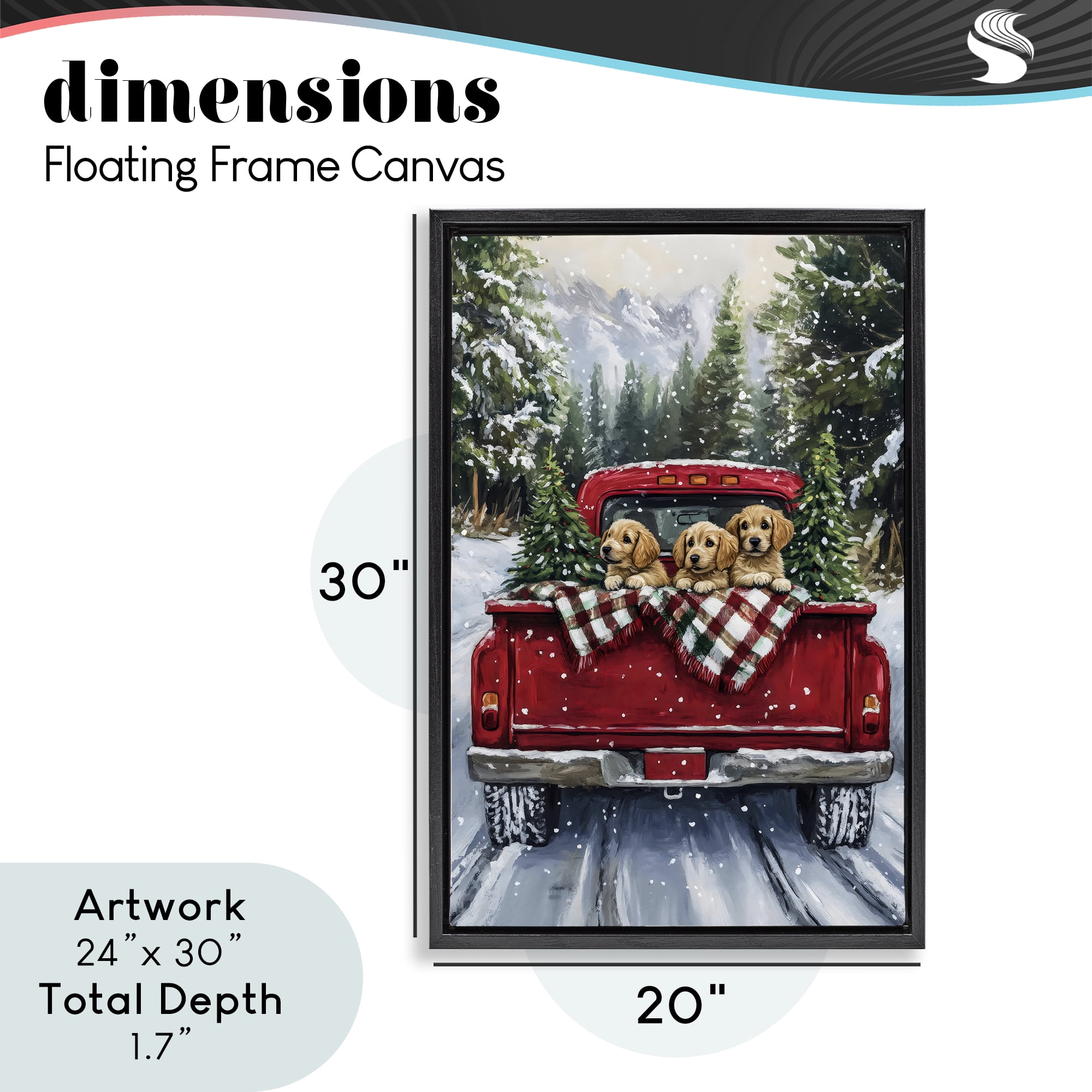 Golden Pups Christmas Truck Black Framed Floater Canvas Wall Art, design by Petal Prints Design