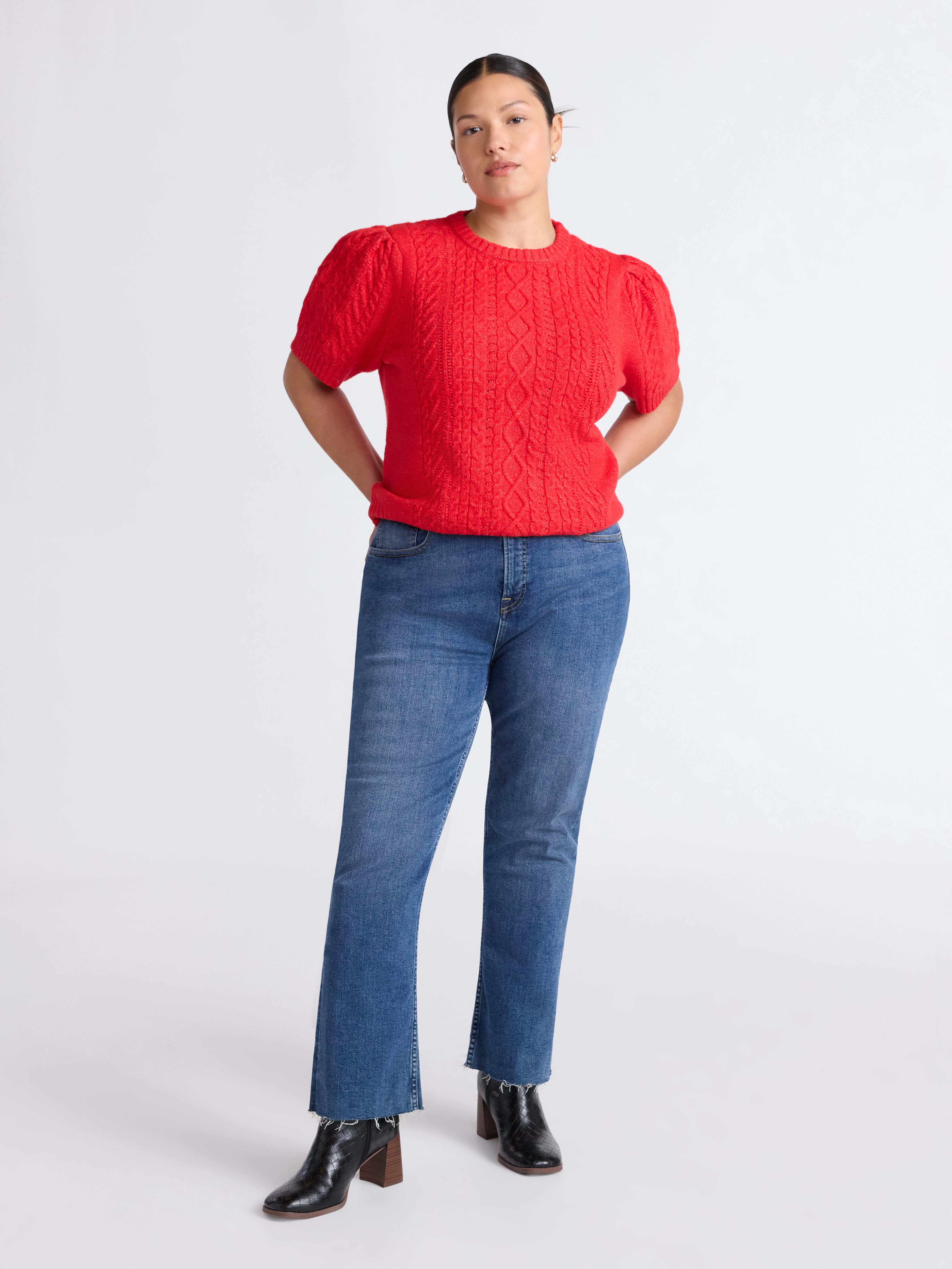 Free Assembly Women's Cable Knit Sweater with Short Puff Sleeves, Sizes XS-XXL