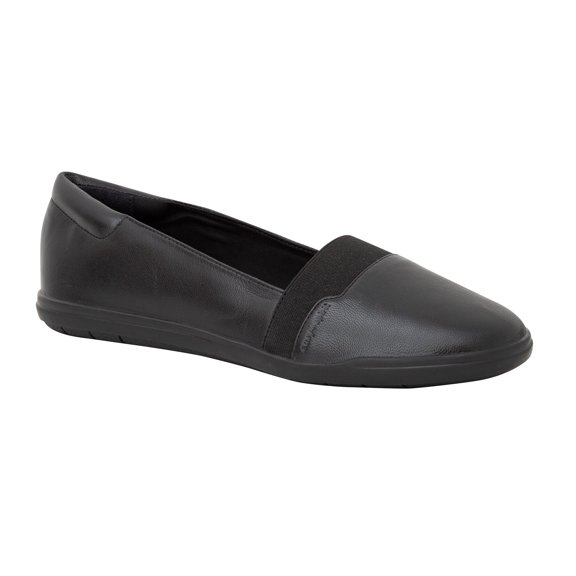 Easy Spirit Bounce Round Toe Black Leather Slip On Ultra Light Ballet Flat (12, BLACK)