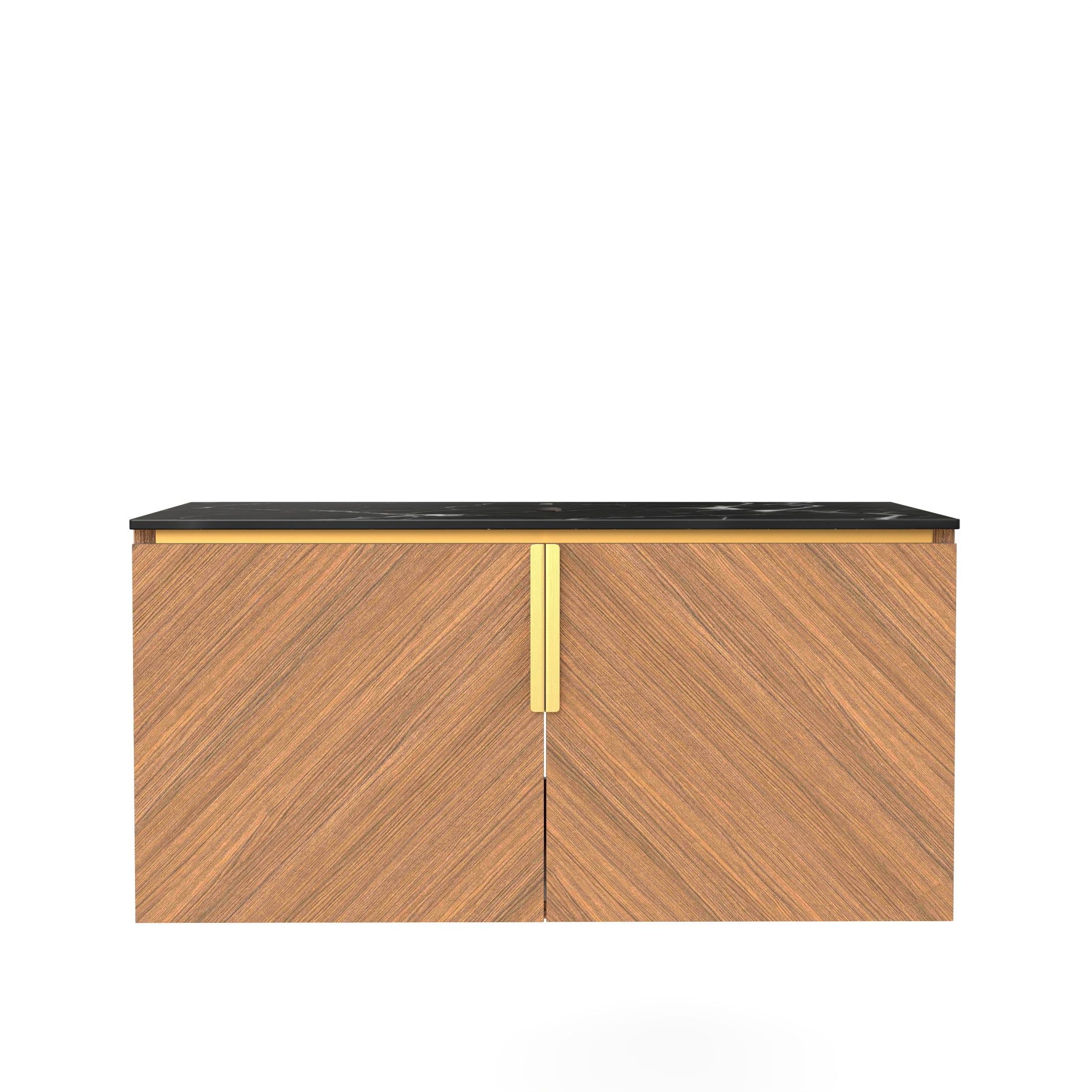 Noble House Arai 36" Bathroom Vanity with Sintered Stone Countertop, Wooden Storage Cabinet, Gold Handles, Brown Oak