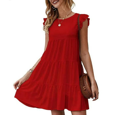

cllios Summer Dresses for Women 2023 Solid Beach Dress Short Sleeve Layered Ruffle Dress Crew Neck Swing Casual Dress for Beach Vacation