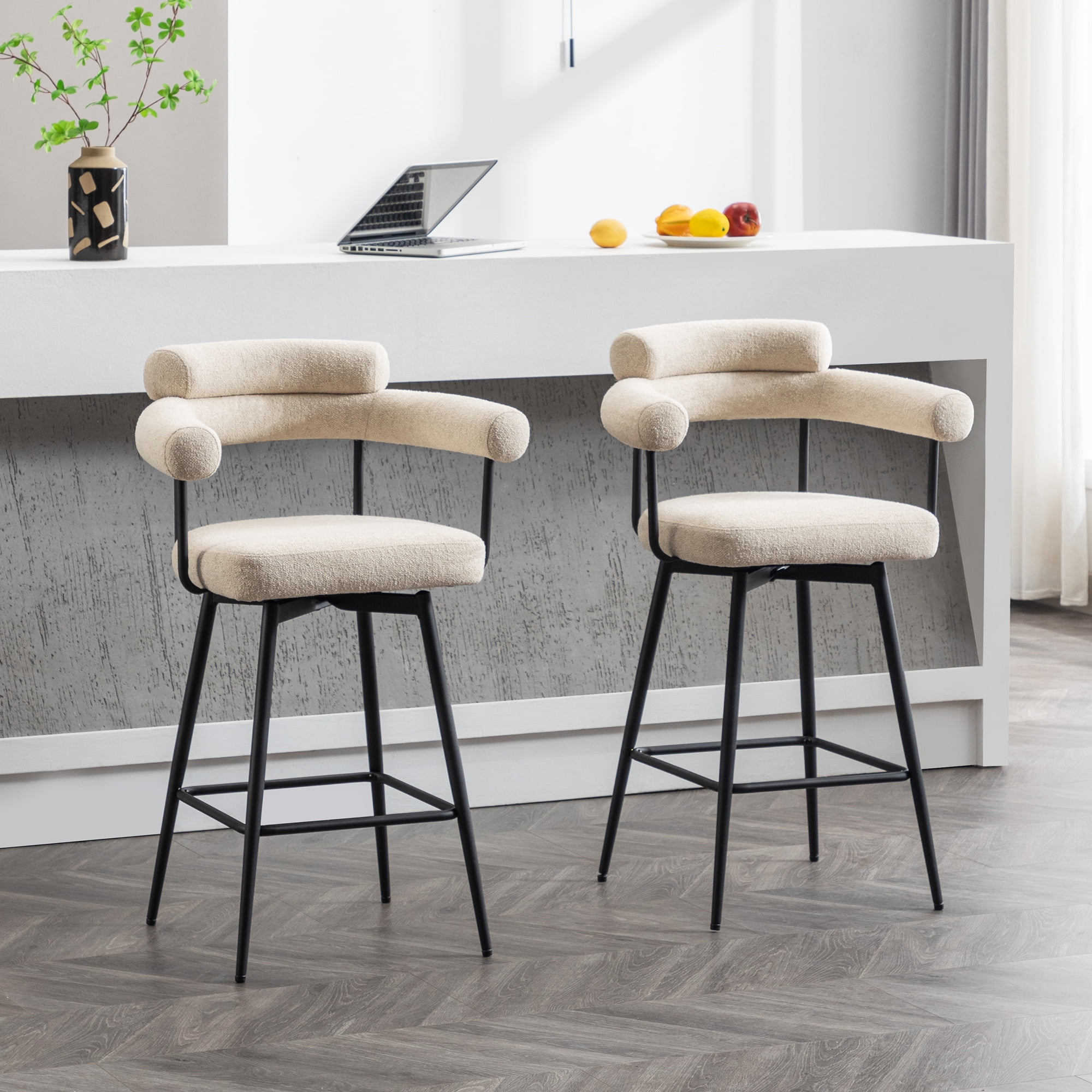Zesthouse 26.7" Swivel Counter Stools Set of 2, Linen Upholstered Bar Stools with Back and Metal Legs, Modern Counter Height Chairs for Kitchen Island, Beige