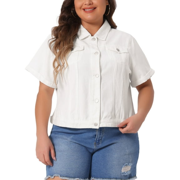 Agnes Orinda Women's Plus Size Button Front Work Crop Short Sleeves Denim Jacket 1X White