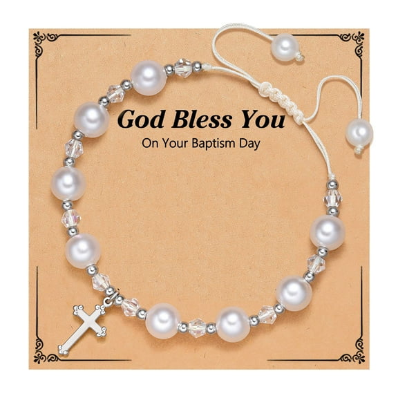 Girls Cross Pearl Bracelet-Baptism Confirmation First Communion Gifts for Girls Teens
